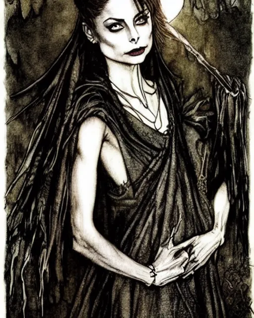 Prompt: style of arthur rackham : : gorgeous willa holland : : evil witch, swirling black magic, black dress : : symmetrical face, symmetrical eyes : : full body pose : : gorgeous black hair : : magic lighting, low spacial lighting : :