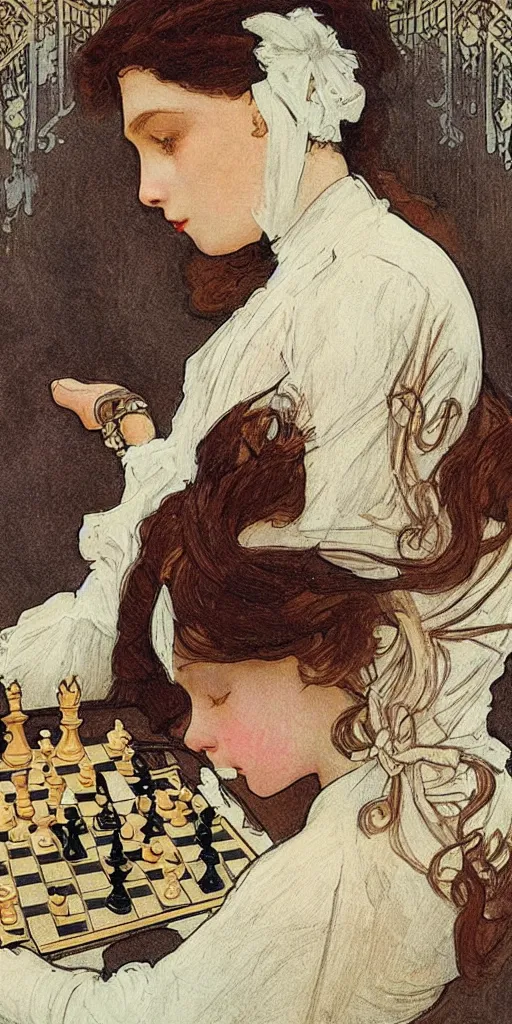 Image similar to a young edwardian woman playing chess, in the style of mucha