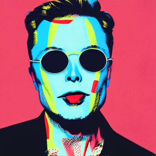 Prompt: the portrait of flabbergasted elon musk wearing sun glasses, open - mouthed, astonished, surprised, thrilled, in desbelief. colorful pop art, modern art, by andy warhol