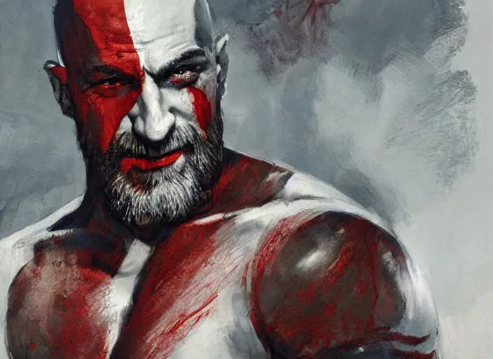 Image similar to a highly detailed beautiful portrait of robert deniro as kratos, by gregory manchess, james gurney, james jean