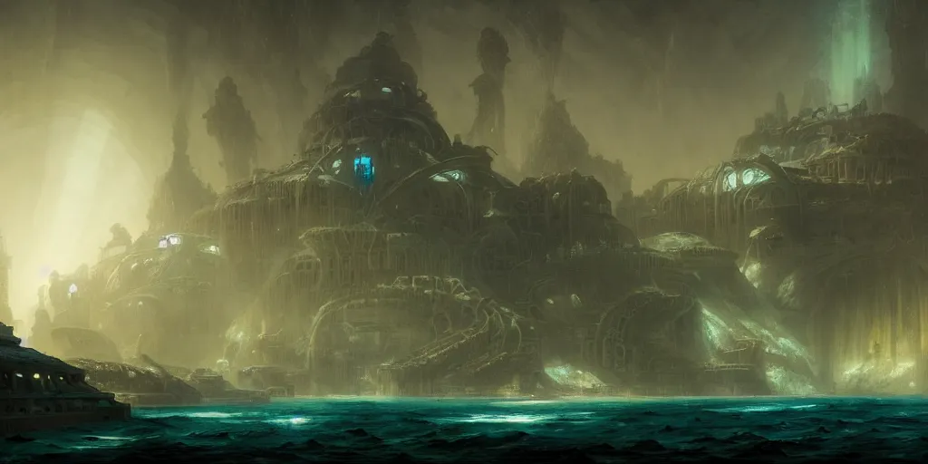 Prompt: a highly detailed concept art 8 k render of the lost underwater city atlantis cinematic lighting, hugh ferriss, james paick, greg rutkowski, game asset, unreal engine, illustration, artstation, digital painting, sharp focus,, golden ratio, mythological, ultra realistic, maximalist