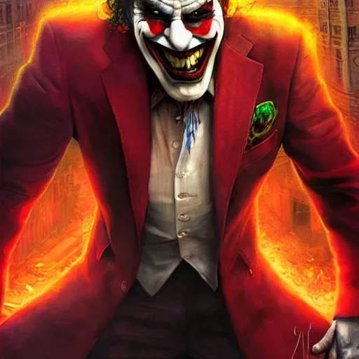 Image similar to portrait of vladimir putin as a joker in a city destroyed by war, realistic, high definition, 4 k, shimmering color, hyper detailed, art of greg rutkowski and magali villeneuve and artgerm