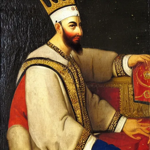 Prompt: a 1 7 th century oil painting of a middle eastern emperor dressed in white and gold garments on his throne with his head leaning on his fist while deep in thought, wearing a vibrant golden crown on his head, white background