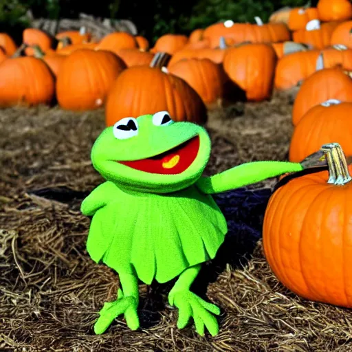 Image similar to a pumpkin kermit the frog, photography,