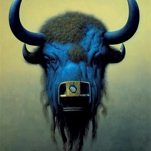 Image similar to Angry Humanoid Bison portrait, dark fantasy, blue, Warhammer, artstation painted by Zdzisław Beksiński and Wayne Barlowe