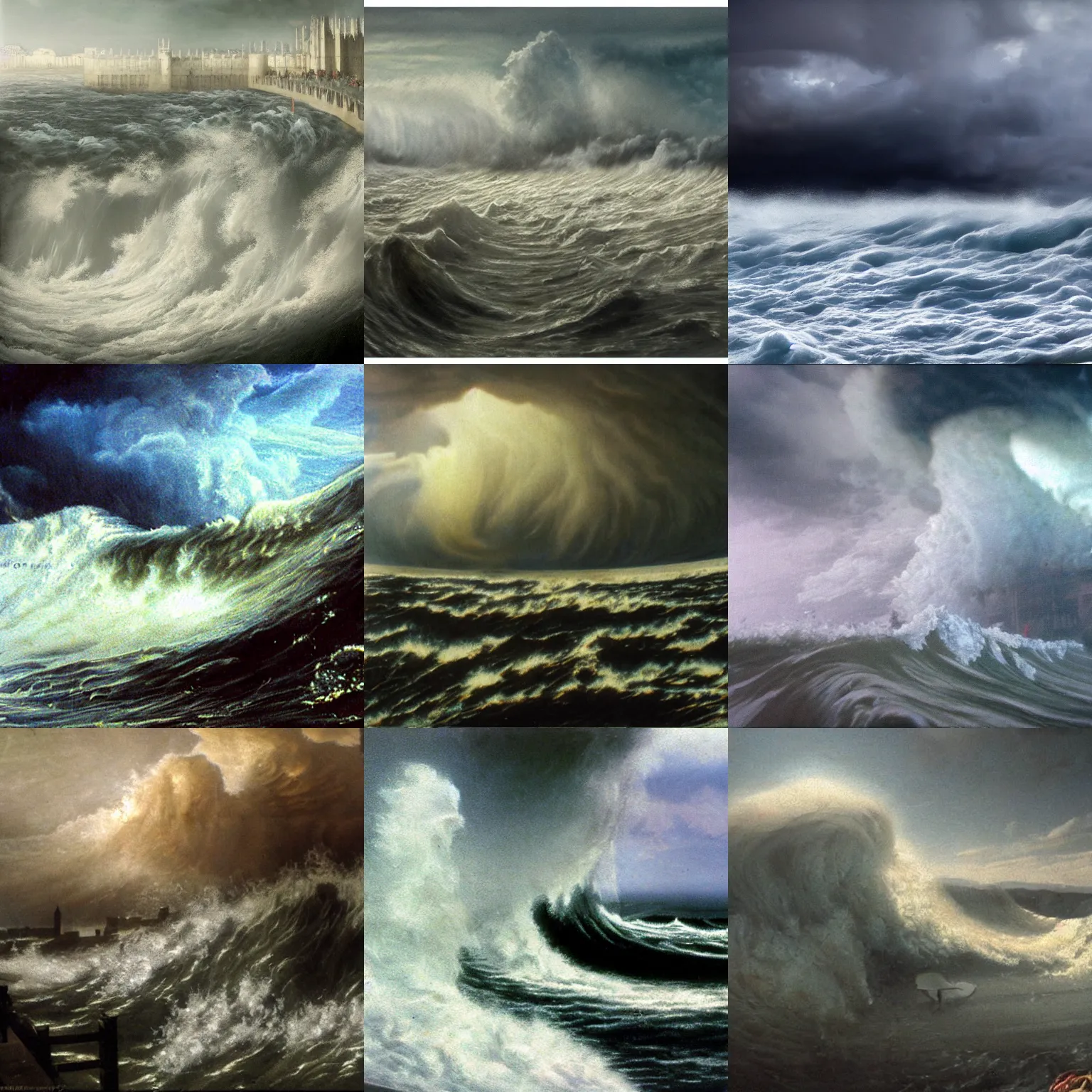 Prompt: canterbury in the middle of a massive wave, matte painting, disaster, apocalyptic