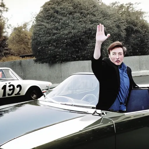 Prompt: close photo of elon musk waving from his lancia fulvia, award winning photograph