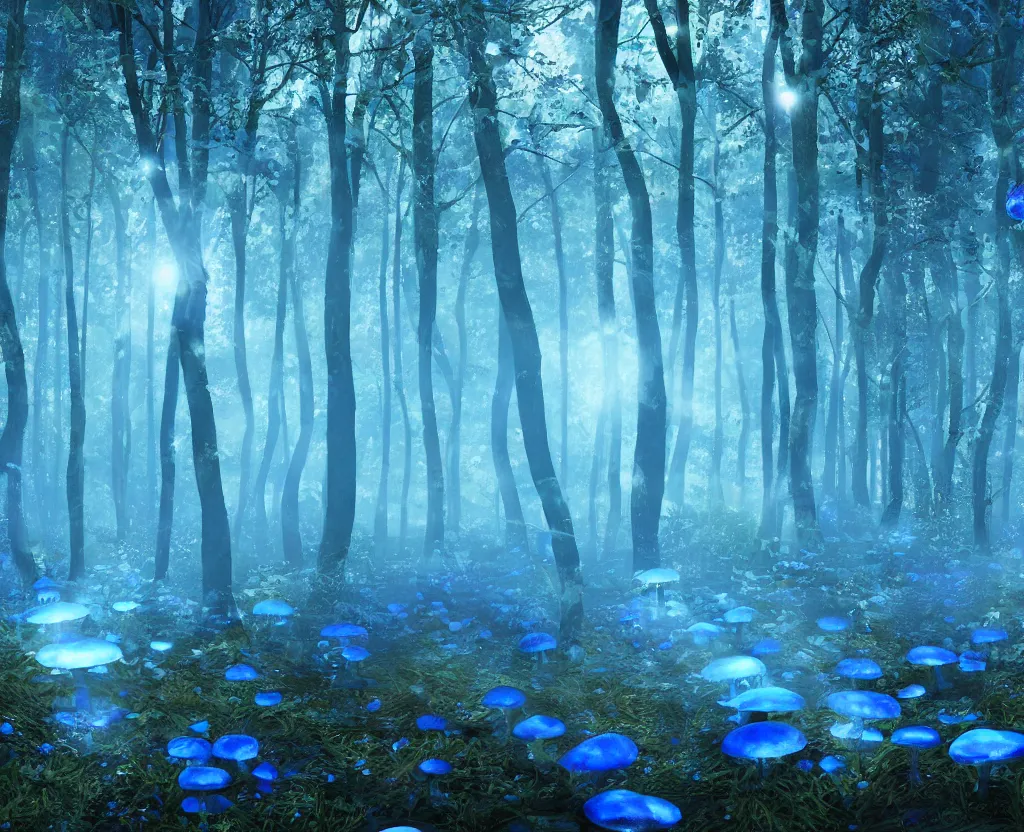 Image similar to blue forest, glowing mushrooms, macro lens, raytracing, hyperreal, digital art, highly detailed, artstation