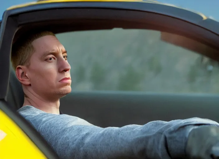 Image similar to a very high resolution image from a new movie, eminem driving a car. inside of a car. alone. mountains, directed by wes anderson