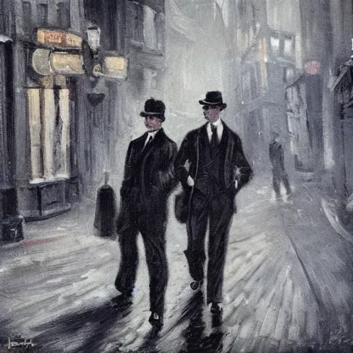 Image similar to Impressionist Noir victorian men in black cityscape post-impressionist London