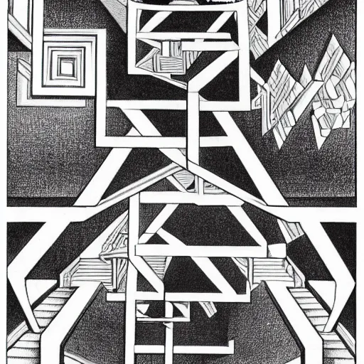 Prompt: black and white illustration of an impossible image by M.C. Escher