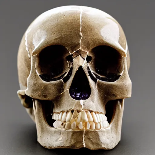 Image similar to human skull made of obsidian and amethyst, gold runic carvings