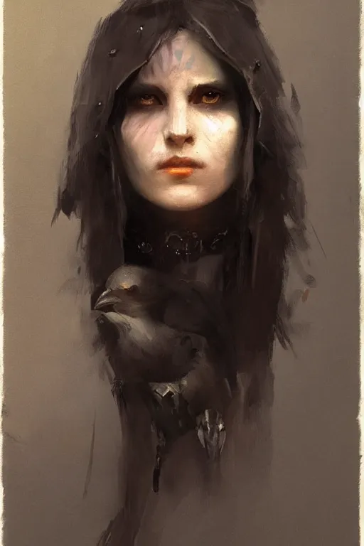 Image similar to portrait of a crow-woman in the dark, concept art by Moebius, Ruan Jia and John Singer Sargent, trending on artstation, artstationHD, artstationHQ, 4k, 8k