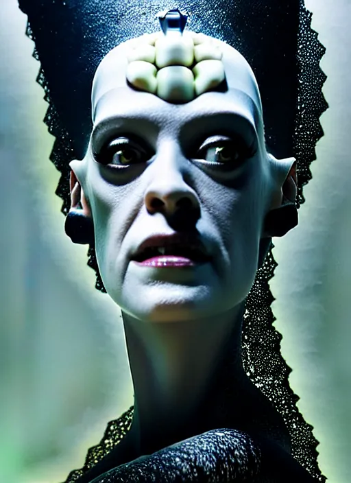 Image similar to portrait of kristen mcmenamy as a beautiful gentle futuristic bride of frankenstein from the movie bride of frankenstein, kintsugi, modern fine art, fractal, intricate, elegant, highly detailed, digital photography, subsurface scattering, by jheronimus bosch and greg rutkowski, still from the movie ex machina