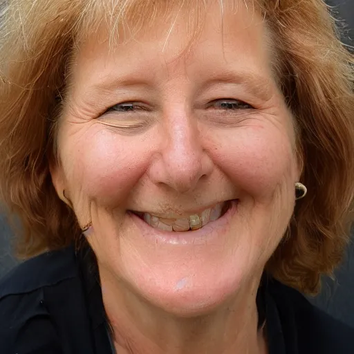 Image similar to cathy wood smiling. Closeup photo