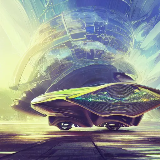 Image similar to solarpunk hovercar, clean energy, green technology, batoidea shape, airspace, sunny day, futurism, intricate, engines, glow, highly detailed, peaceful, utopia, bright, digital painting, artstation, concept art, smooth, sharp focus, epic landscape, art by akihiko yoshida and tim mcburnie and anato finnstark