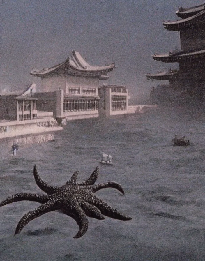 Image similar to a filmstill of a north korean monster movie, kaiju - eiga monster starfish - like trampling a traditional korean palace, foggy, film noir, video compression