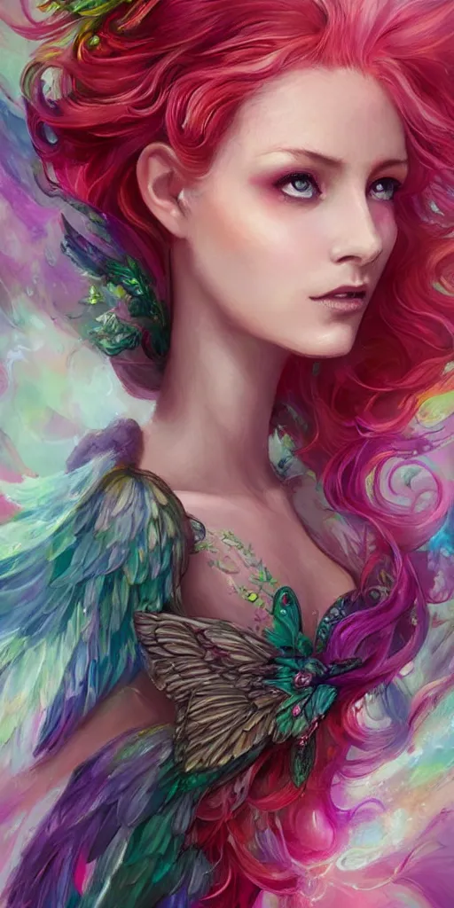 Image similar to a colorful and provenance portrait painting of the fantasy female with a floral wings, detailed, highly detailed, her hair made of hair made of air wind and curling smoke, mist, dust, genie, spirit fantasy concept art ， art by charlie bowater, trending on artstation.