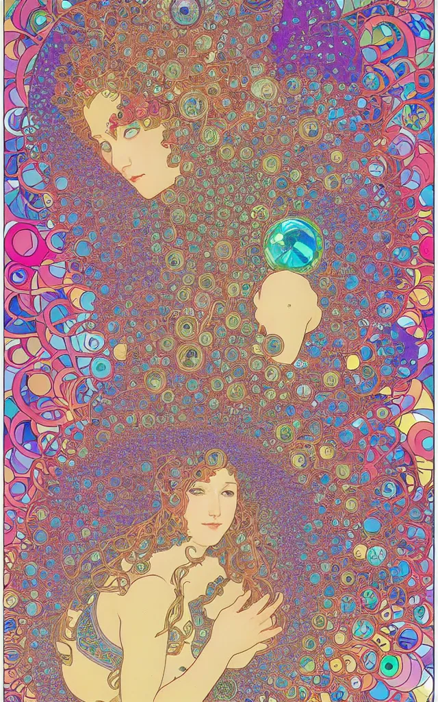 Prompt: is gay. wave, particle, synth, frequencies, pattern, oscillation. wave-particle duality. colorful, vibrant. fractal gems, fractal crystals, by alphonse mucha, by jean giraud and by james jean