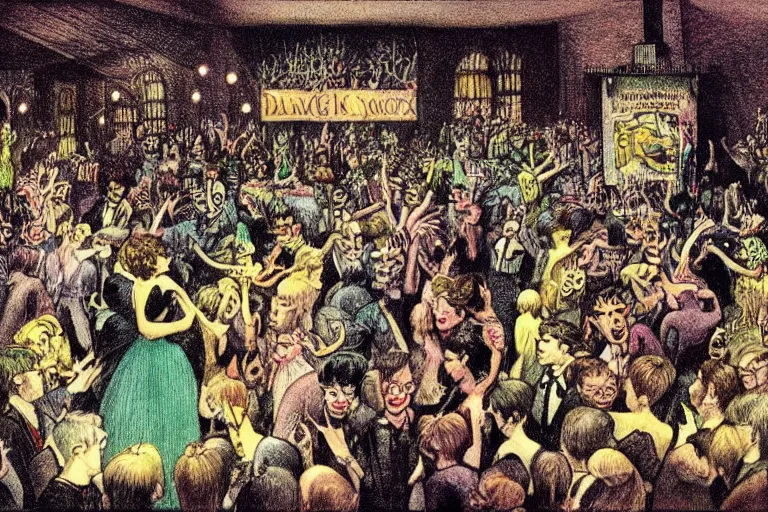 Prompt: a packed dance floor at a nightclub, illustration by maurice sendak, award winning illustration, highly detailed