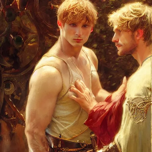 Image similar to attractive arthur pendragon confesses his love to attractive male merlin. highly detailed painting by gaston bussiere, craig mullins, j. c. leyendecker 8 k