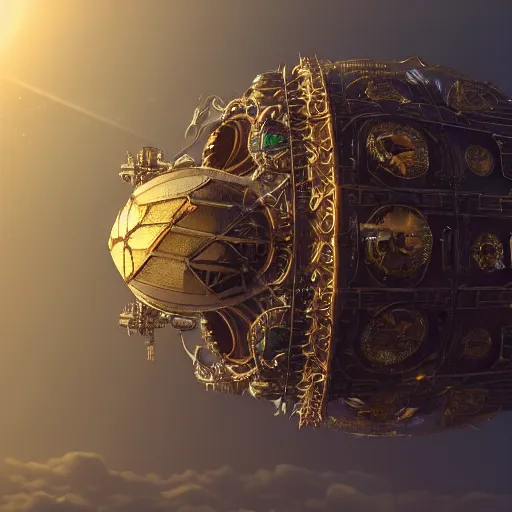 Image similar to enormous flying city in a faberge egg, sky, steampunk, fantasy art, masterpiece, octane render