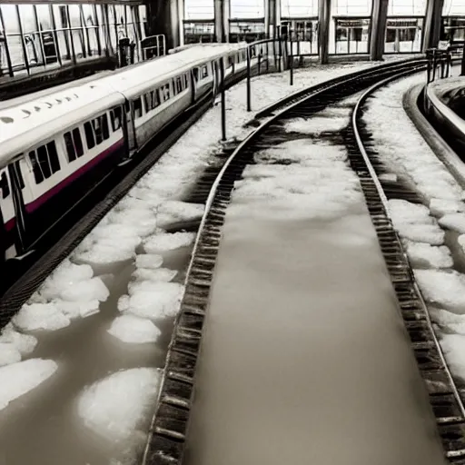 Image similar to photo of a train station, with floor flooded with ice cream