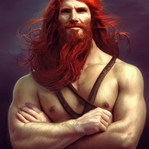 Image similar to portrait of a young ruggedly handsome but joyful pirate, male, masculine, soft hair, upper body, red crimson crimson hair, long flowing hair, fantasy, wide smirk, intricate, elegant, highly detailed, digital painting, artstation, concept art, matte, sharp focus, illustration, art by artgerm and greg rutkowski and alphonse mucha