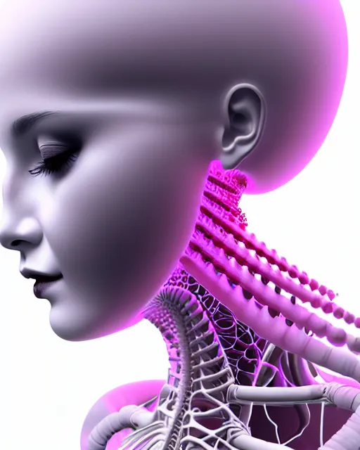 Prompt: white background, halo, dreamy foggy elegant soft luminous profile face 3 d render of a beautiful young baby pink biomechanical - female - cyborg with a delicate detailed black mandelbrot fractal texture skin and a very long neck with white gothic pearl embroidered collar, white smoke atmosphere, hg giger, 8 k