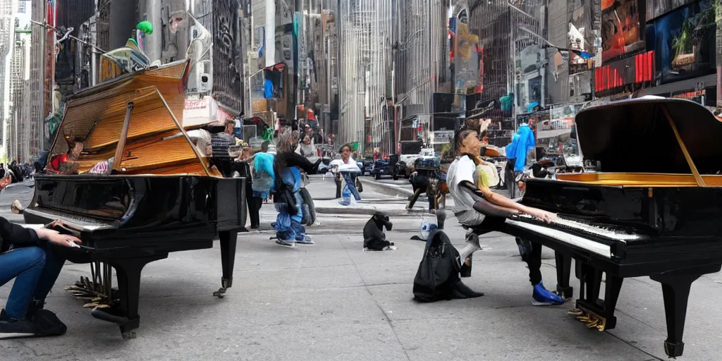 Image similar to a super high-resolution photo of a monkey playing the piano in the busy New York street