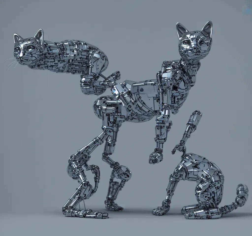 Image similar to a modern cybernetic cat made from porcelain and steel, insane reflexions, pastel colored, daylight, peaceful, 8 k, ambient occlusion, octane render