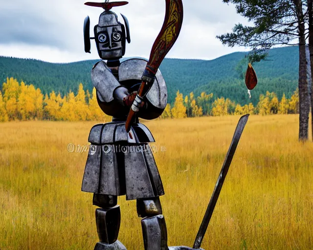 Prompt: ancient greek robot warrior standing in front of altai forest with a sword, detailed art in the style of middle ages