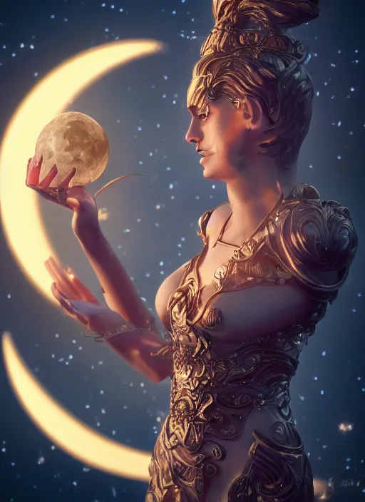 Prompt: [ artemis holding the moon in her hands ]!!, closeup!!, macro!!, filling it with magical energy, digital art, tarot card, portrait!!, trending on polycount, cgsociety contest winner, digital art, 4 k, sharp, detailed, intricate, illustrated by kevin christian muljadi, zbrush, unreal engine 5