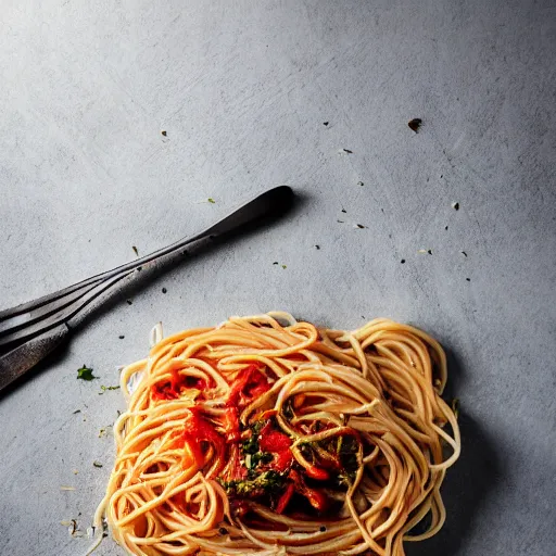 Image similar to extremely delicious looking photo of beautiful spaghetti,, unique way of serving, very expensive top quality product, michelin star, most perfect desert on the world, small manufacture, unique style, 8 k, product photography, professional studio photography