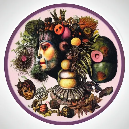 Image similar to post - punk new age album cover, asymmetrical design, in a round frame, dollar bank notes, capitalism, magic, apocalypse, psychedelic, black white pink, magic, giger h. r., giuseppe arcimboldo