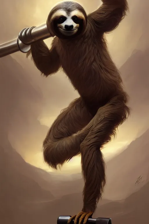Image similar to anthro sloth lifting weights, dim dingy gym, dynamic pose, fantasy, intricate, elegant, highly detailed, digital painting, artstation, concept art, matte, sharp focus, illustration, art by artgerm and greg rutkowski and alphonse mucha