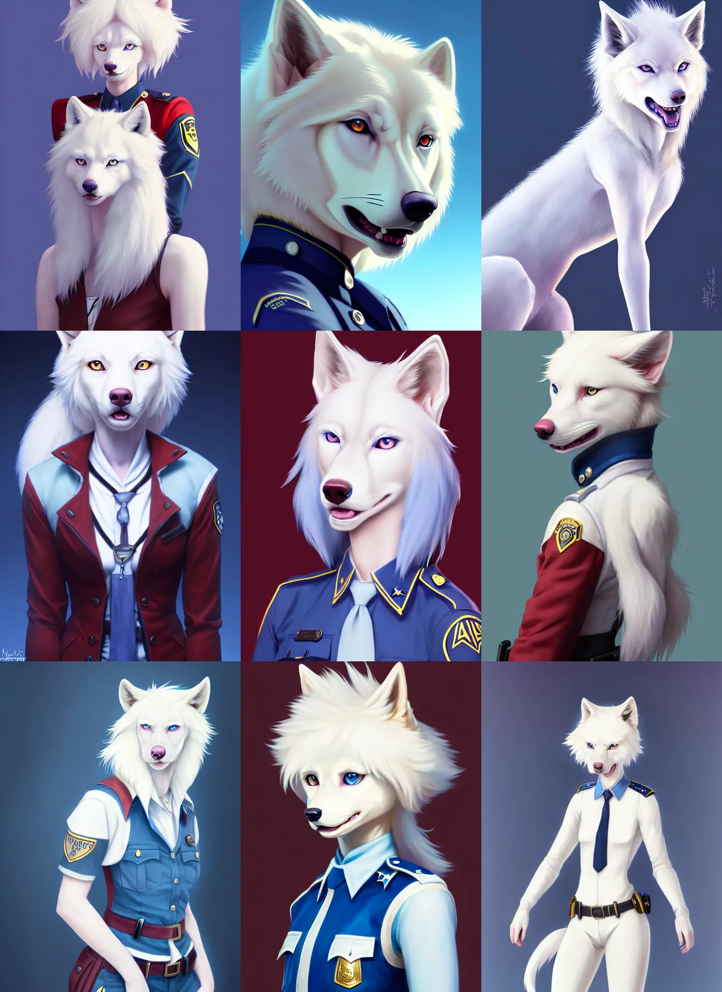 Prompt: beautiful portrait of a female anthropomorphic albino wolf fursona wearing a state trooper uniform. wearing blue eyes. wearing a red wig. character design by disney, charlie bowater, ross tran, artgerm, and makoto shinkai, detailed, soft lighting, rendered in octane