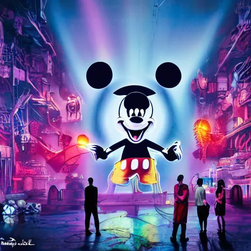 Image similar to a group of people standing around a mickey mouse, cyberpunk art by david lachapelle, cgsociety, sots art, dystopian art, reimagined by industrial light and magic, concept art