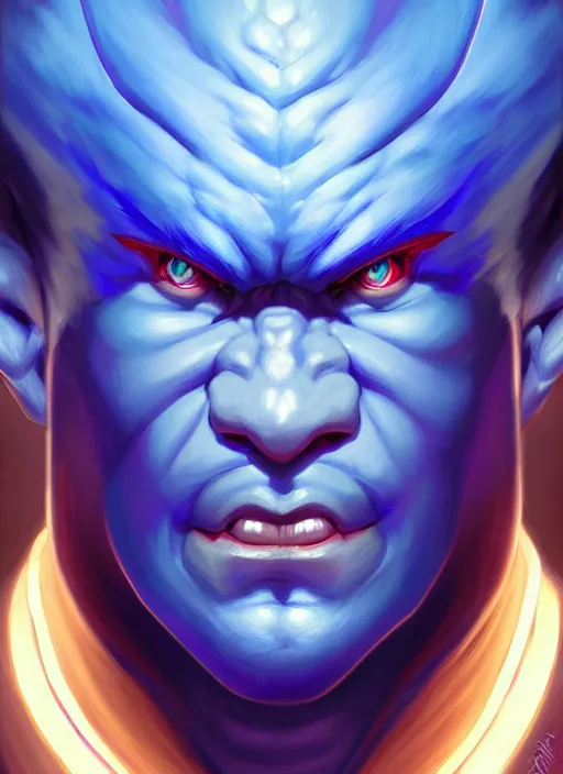 Image similar to symmetry!! portrait of blue akuma, street fighter, global illumination!! intricate, elegant, highly detailed, digital painting, artstation, concept art, smooth, sharp focus, illustration, art by artgerm and greg rutkowski and alphonse mucha