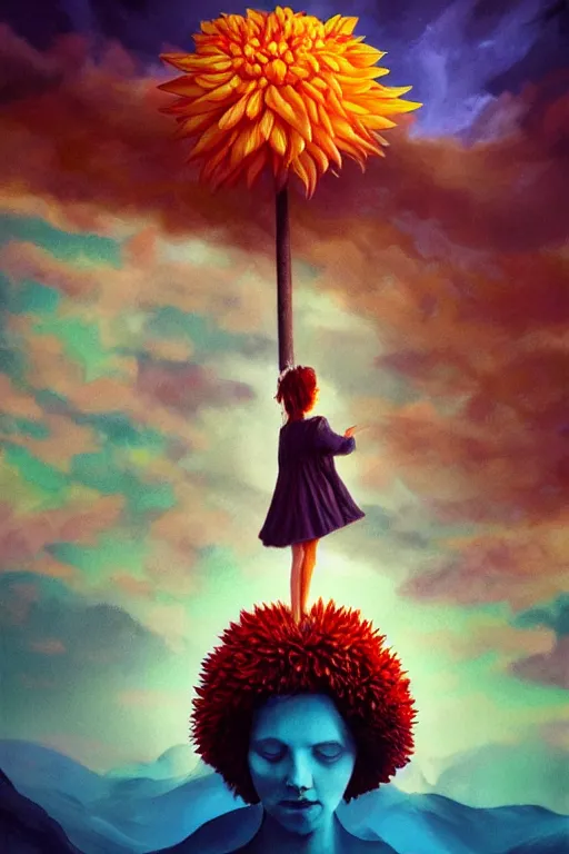 Image similar to closeup giant dahlia flower under head, girl standing on mountain, surreal photography, blue storm clouds, dramatic light, impressionist painting, digital painting, artstation, simon stalenhag