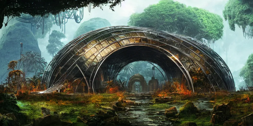 Image similar to a giant chrome metal arch structure is surrounded by jungles and stone ruins, retro - futuristic, science - fantasy, ancient, rusted, fungal, salt, lgbt, queer, rpg, epic, dungeons & dragons, sacred, sharp focus, award - winning, extremely detailed, 4 k, 8 k