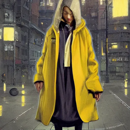 Image similar to a highly detailed epic cinematic concept art CG render digital painting artwork costume design: a girl in a 1950s extremely oversized hoodie and giant 1950s man's coat, with a skateboard. all in grey and yellow. By Greg Rutkowski, Ilya Kuvshinov, WLOP, Stanley Artgerm Lau, Ruan Jia and Fenghua Zhong, trending on ArtStation, made in Maya, Blender and Photoshop, octane render, excellent composition, cinematic atmosphere, dynamic dramatic cinematic lighting, aesthetic, very inspirational, arthouse