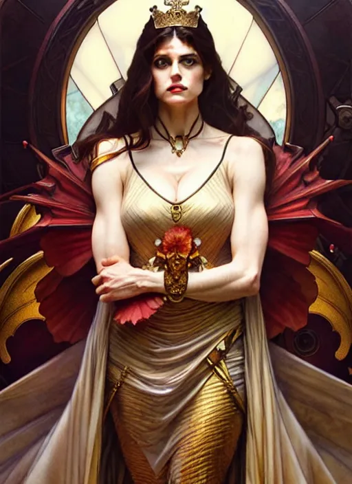 Prompt: alexandra daddario as queen, incredibly detailed face, light semi - open dress, true anatomy, art by artgerm and greg rutkowski and alphonse mucha