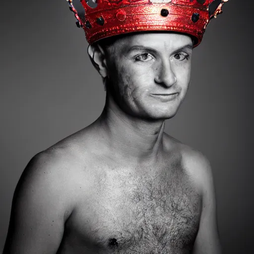 Prompt: man with a crown, smirk, photograph, black backgrounds, red eyes