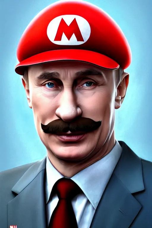 Prompt: vladimir putin as mario from super mario bros, realistic portrait, symmetrical, highly detailed, digital painting, artstation, concept art, smooth, sharp focus, illustration, cinematic lighting, art by artgerm and greg rutkowski and alphonse mucha