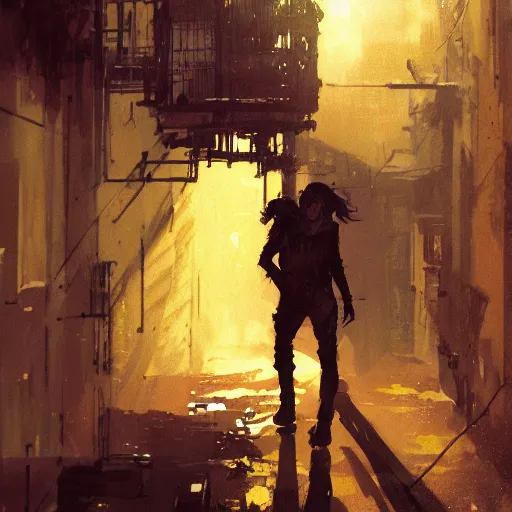 Image similar to a dirty alleyway at sunset, dramatic lighting, illustration by Greg rutkowski, yoji shinkawa, 4k, golden hour, digital art, concept art, trending on artstation