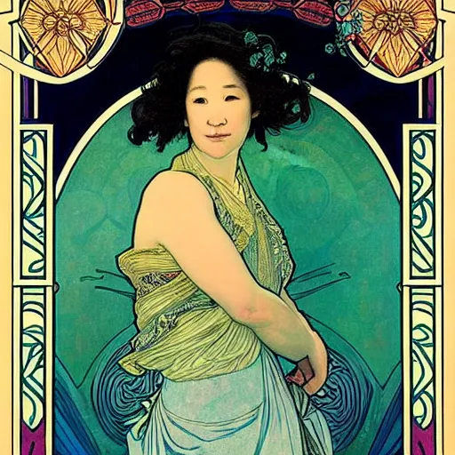 Image similar to sandra oh portrait by louis - theophile hingre and alphonse mucha, realistic, sharp focus, zodiac signs, tarot cards, planets, ethereal, art nouveau, magic, moon, sun, crown, dreamy, royal, jewellery