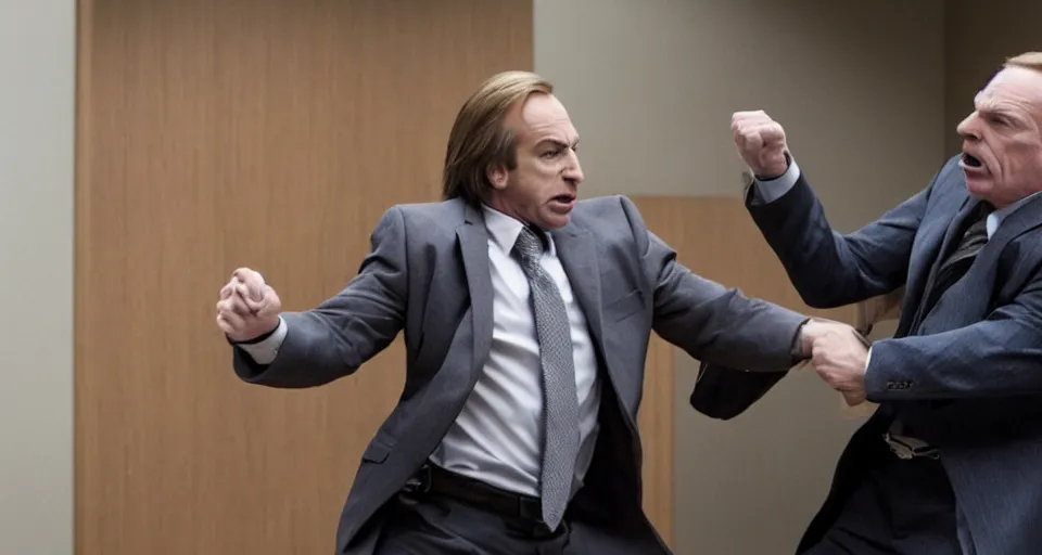 Prompt: saul goodman fighting michael mckean in court, still from better call saul