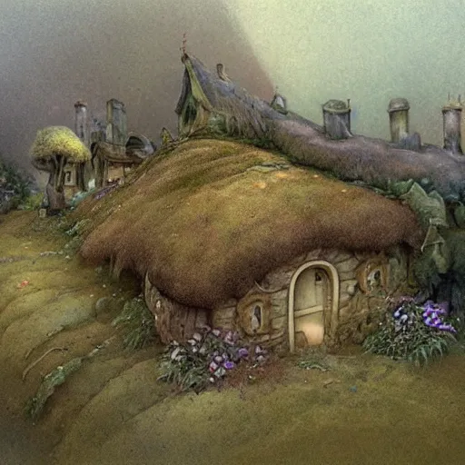 Prompt: beautiful matte painting of a cottage on a hill whimsical by brian froud