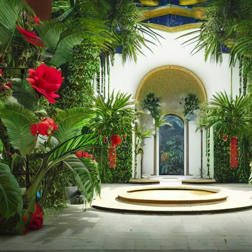 Image similar to cathedral interior with koi pond in the middle surrounded by palm trees, ivy, flowers, tropical plants, roses, and with archways. rendered in octane render with photorealistic lighting